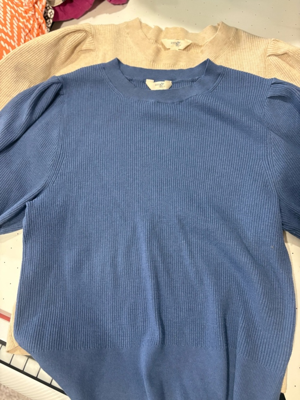Terra & Sky Blue and Cream Ribbed Puff-Sleeve cropped Sweaters(2)